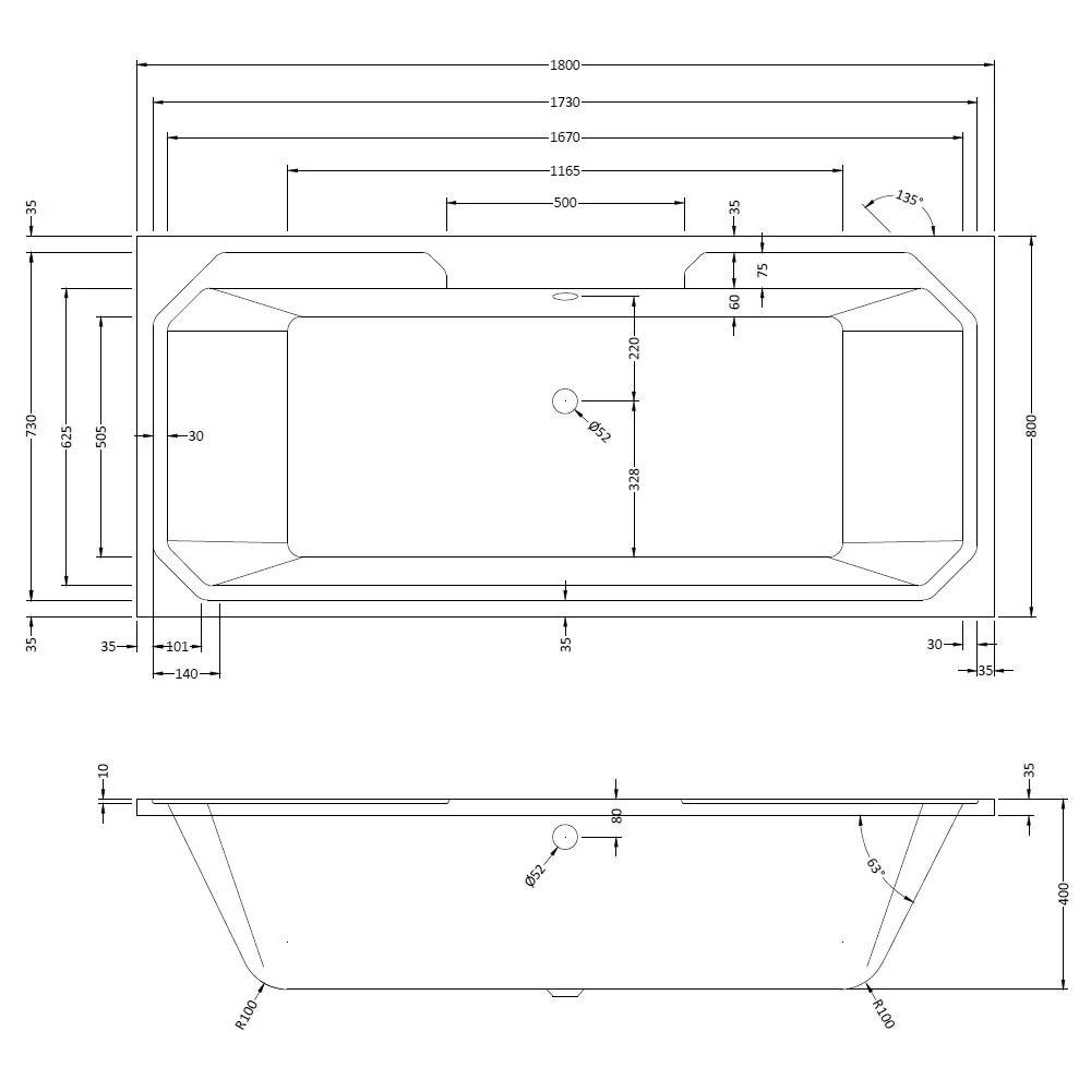 Bayswater Bathurst 1800mm X 800mm Double Ended Bath - Image 2
