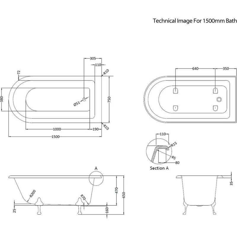 Bayswater 1500mm Single Ended Freestanding Shower Bath - Image 2