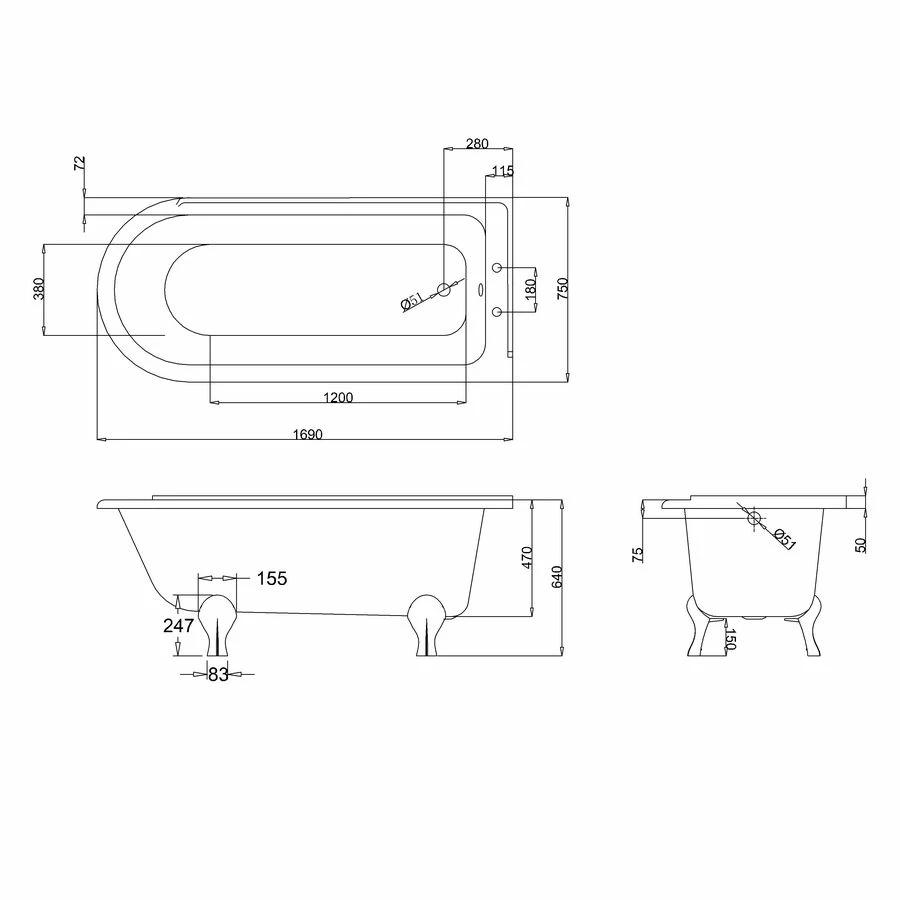 Burlington Hampton 170cm Shower Bath With White Feet, Right - Image 2