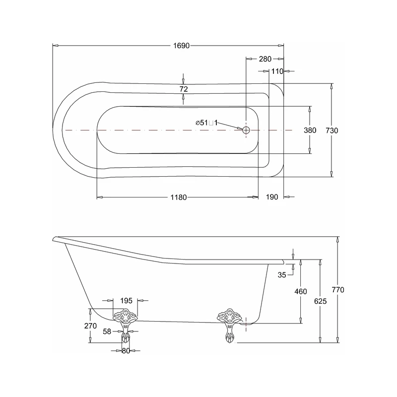 Burlington Harewood Slipper Bath With Standard Feet - Image 2