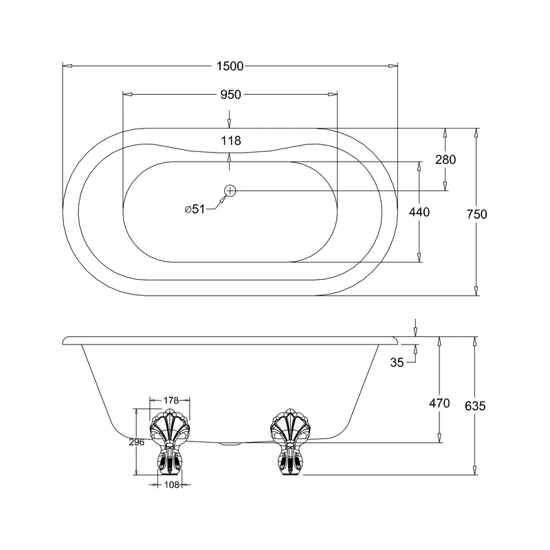 Burlington Windsor 150cm Double Ended Bath With Luxury Feet - Image 2