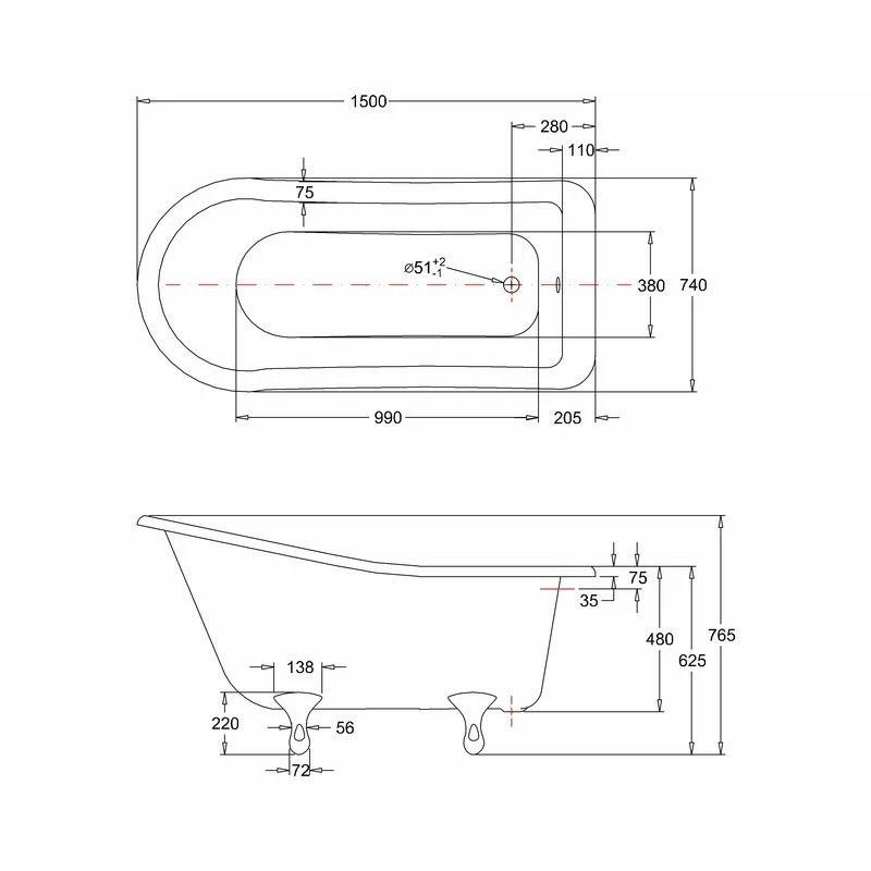 Burlington Buckingham Slipper Bath With Classic Black Feet - Image 2