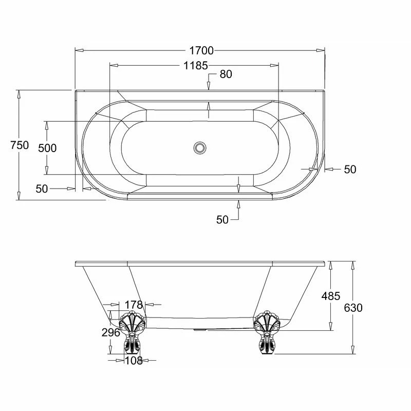 Burlington Avantgarde Back-To-Wall 1700mm Bath With Black Feet - Image 2