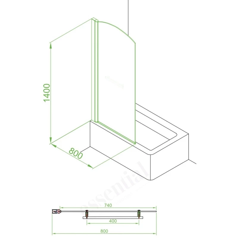 Essential Twilight Sail Bath Screen 800mmx1400mm 6mm Glass - Image 2