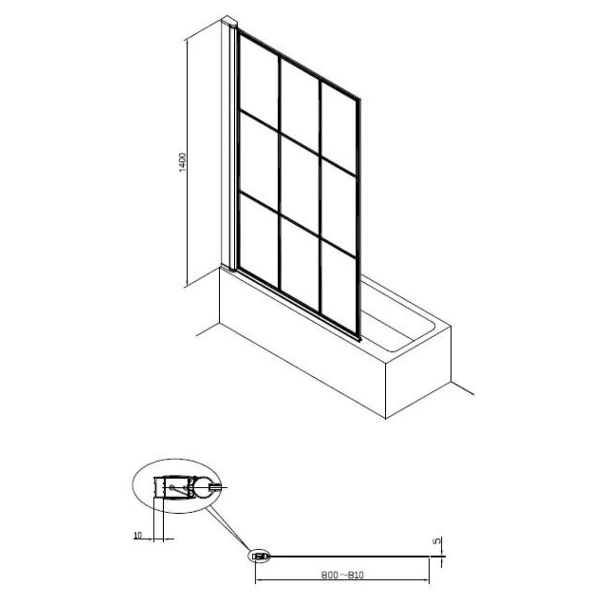Essential Designer Matrix 1400x800mm Bath Screen Matt Black - Image 2