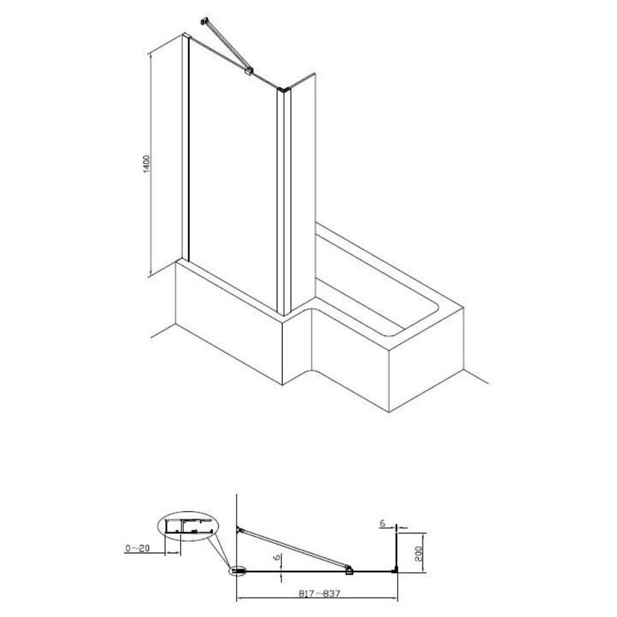 Essential Designer Matrix 1400x850mm L-Shaped Bath Screen Matt Black - Image 2