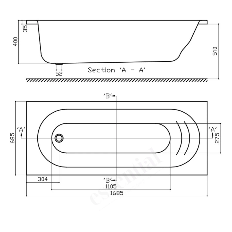 Essential Kingston Rectangular Bath Quartz 1700x750mm 0 Tap Hole - Image 2
