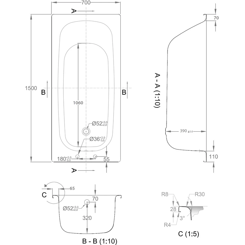 Frontline Aquabathe Steel 1500 X 700mm Gripped Antislip Bath - Image 2