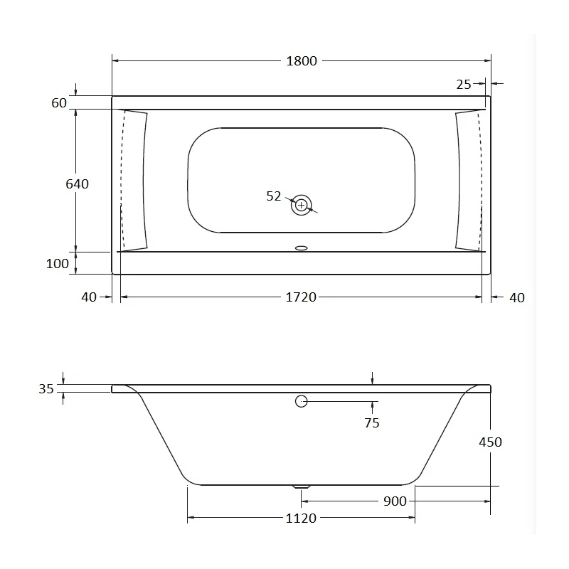 Frontline Aquabathe Oporto 1800 X 800mm Double Ended Bath - Image 2