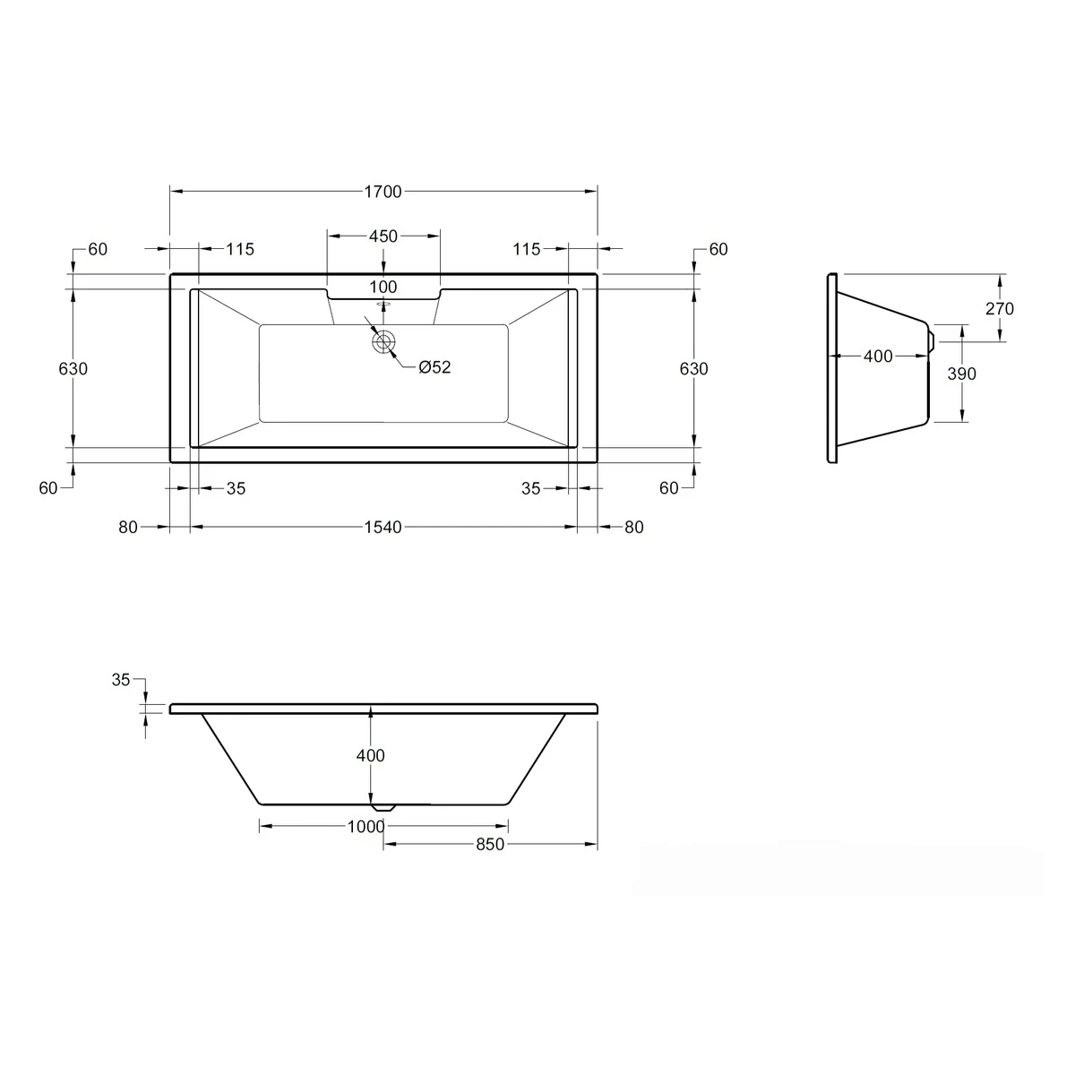Frontline Aquabathe Legend 1700 X 750mm Double Ended Tungstenite Bath - Image 2