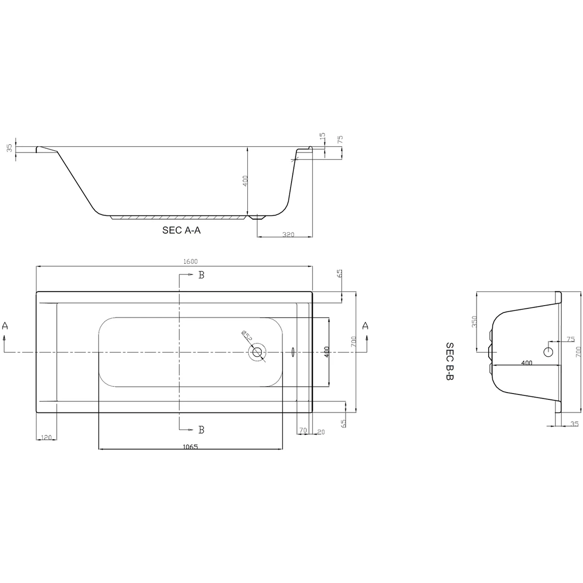 Frontline Aquabathe Linear 1600 X 700mm Bath - Image 2