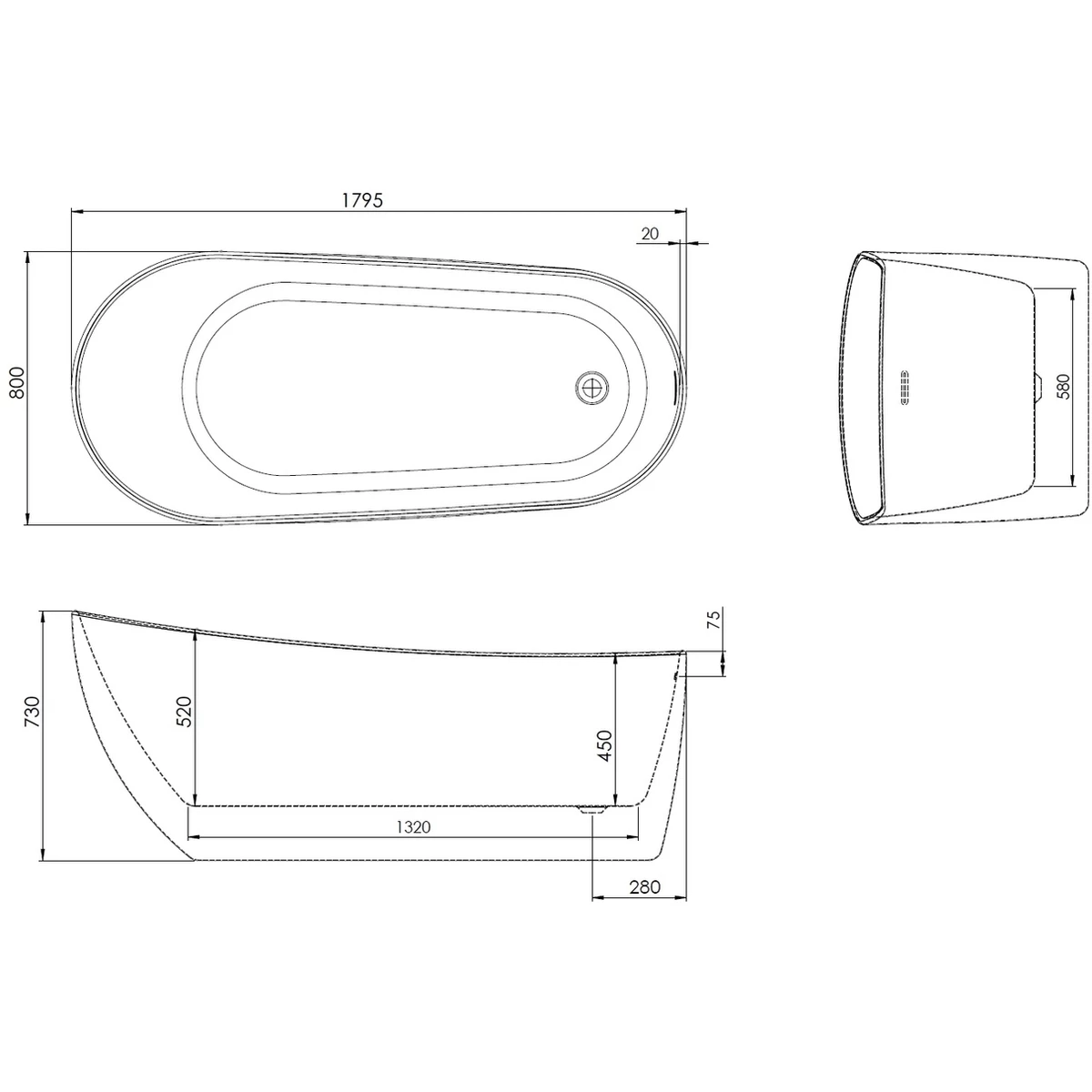 Frontline Aquabathe Pano 1800 X 800mm Luxury Freestanding Slipper Bath - Image 2