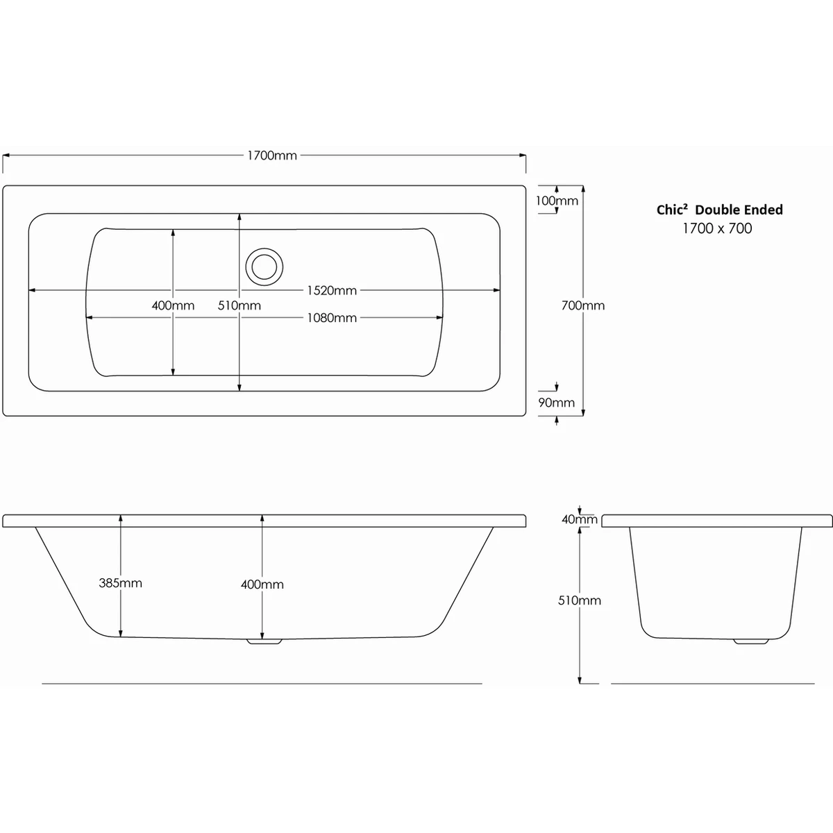 Frontline Aquabathe Chic2 1700 X 700mm Double Ended Bath - Image 2