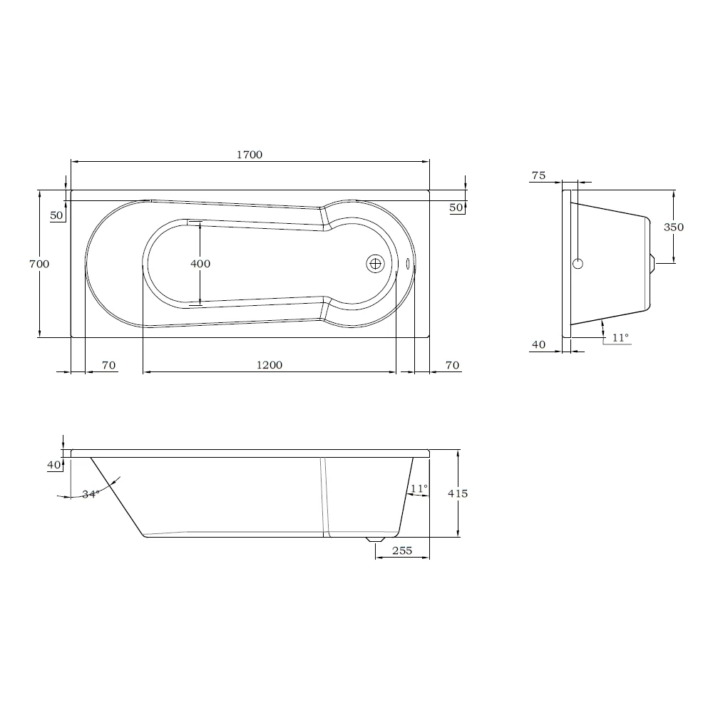 Frontline Aquabathe Oporto 1700x700mm Shower Bath - Image 2
