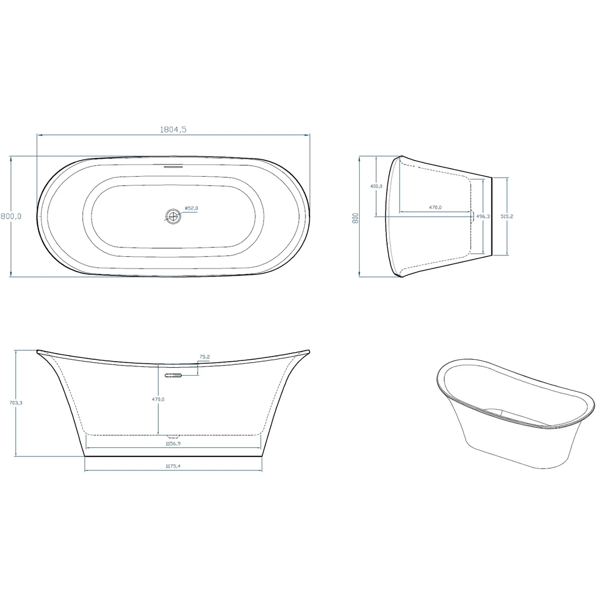 Frontline Holborn Bow 1800x800mm Luxury Freestanding Traditional Bath - Image 2