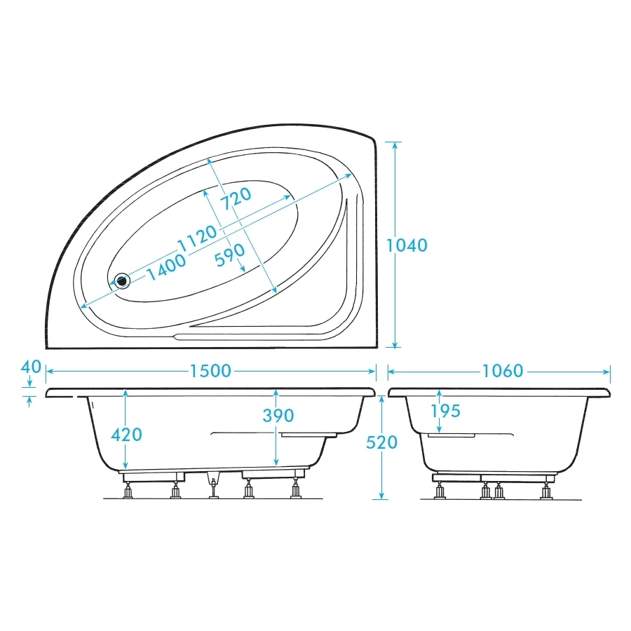 Frontline Aquabathe Orlah 1500 X 1040mm Offset Corner Bath LH - Image 2
