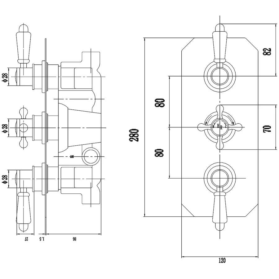 Hudson Reed Black Topaz Triple Concealed Valve With Diverter - Image 2