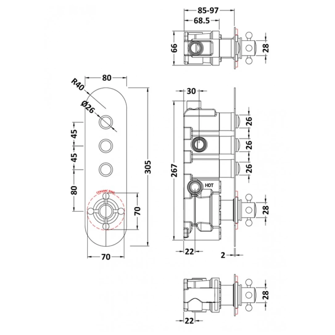 Hudson Reed Topaz Push Button Triple Outlet Shower Valve Chrome/White - Image 2