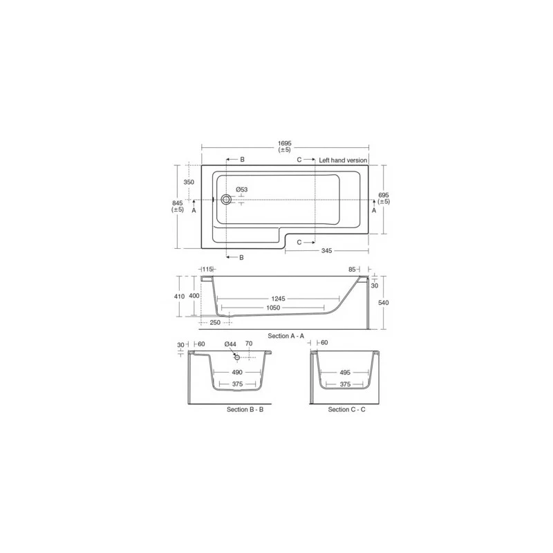 Ideal Standard Tempo Cube 170cm Shower Bath Right Hand E2594 - Image 2