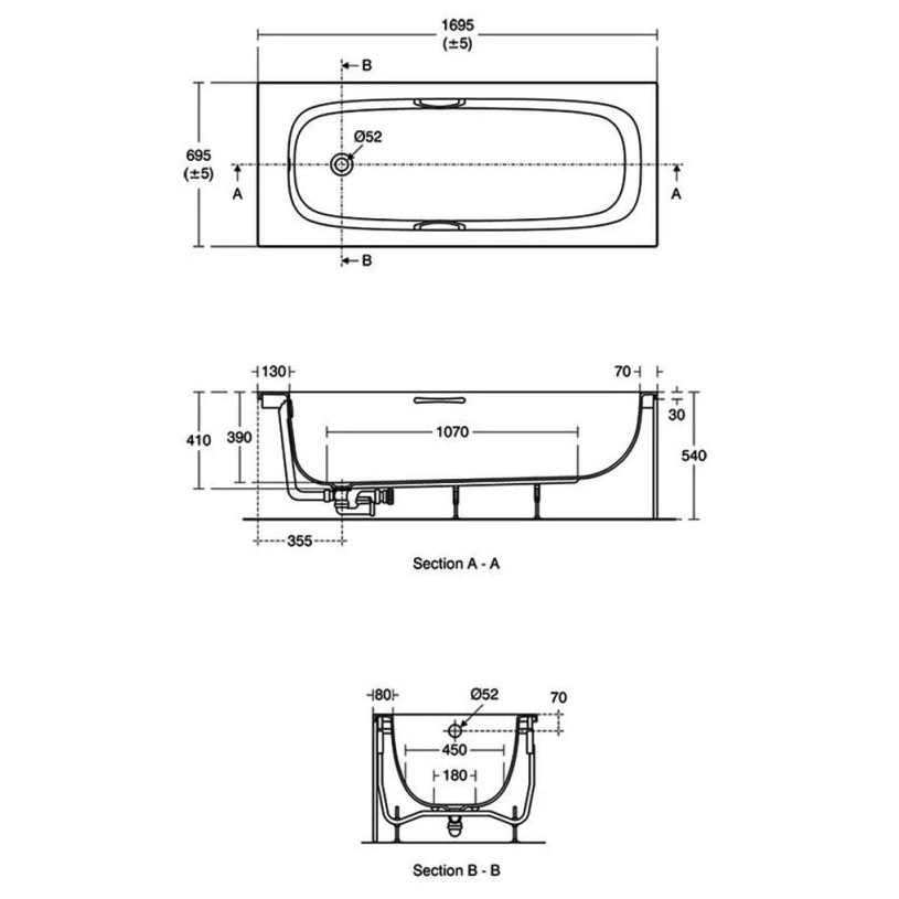 Ideal Standard I.Life Single Ended Water Saving Bath With Handgrips 1700x700mm - Image 4