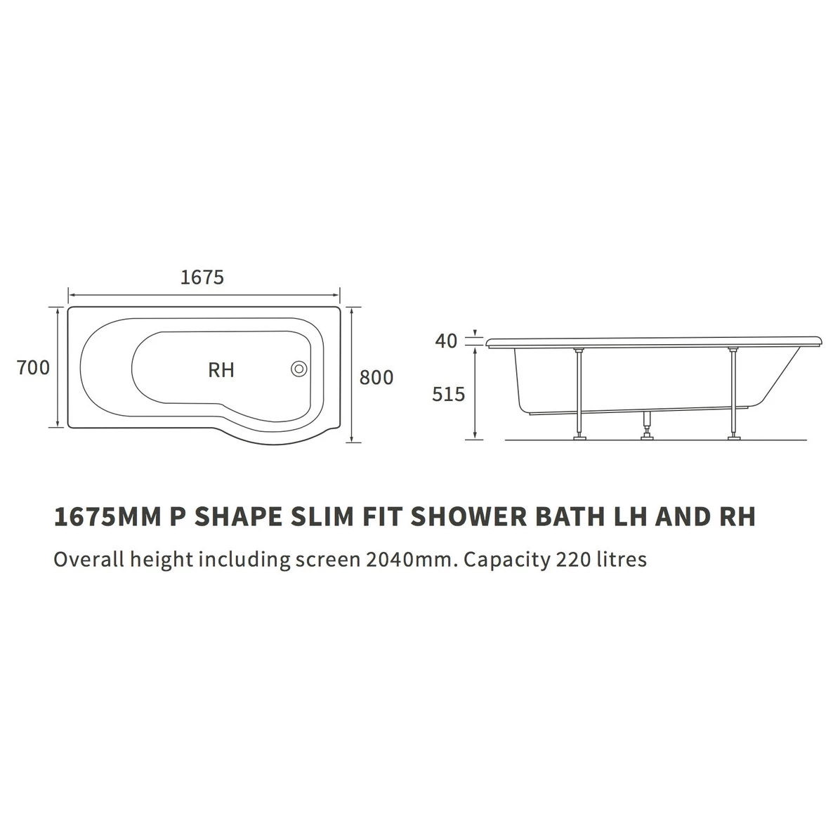 Iona P-Shape Slim Fit 1675mm 0TH Shower Bath RH - Image 4