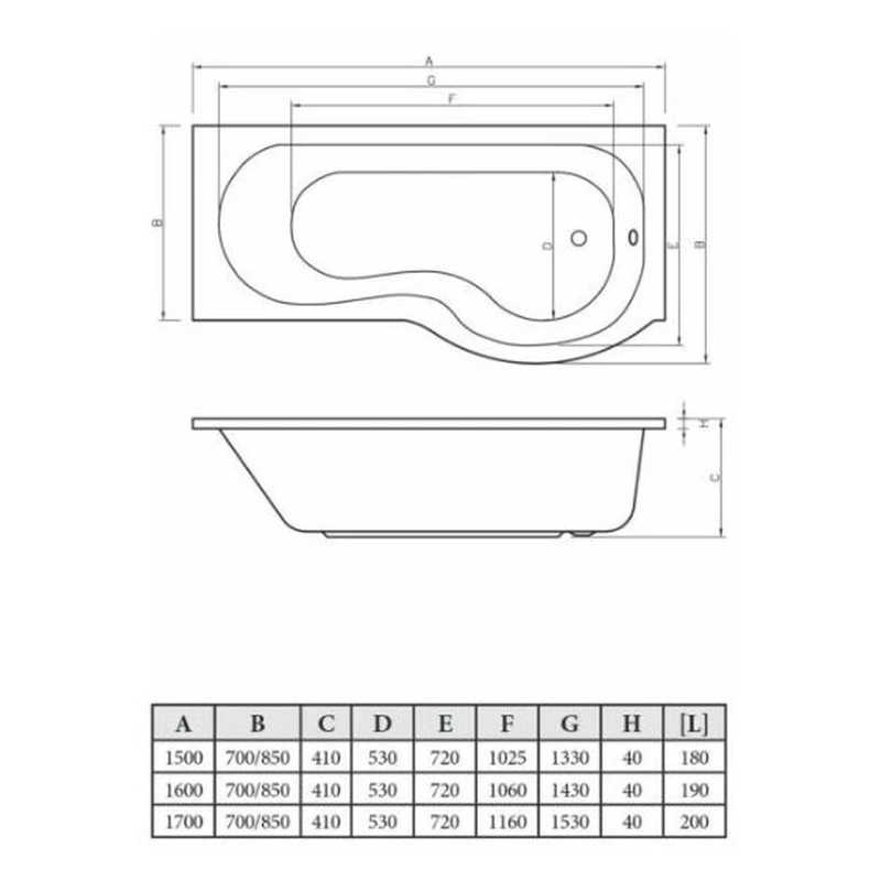 Iona Simplicity P-Shape 1700x700mm Shower Bath Right - Image 2
