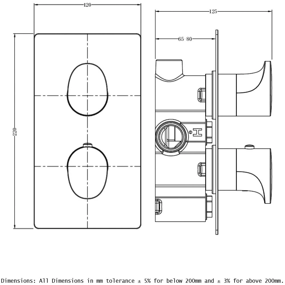 RAK Single Outlet, 2 Handle Thermostatic Shower Valve Chrome - Image 2