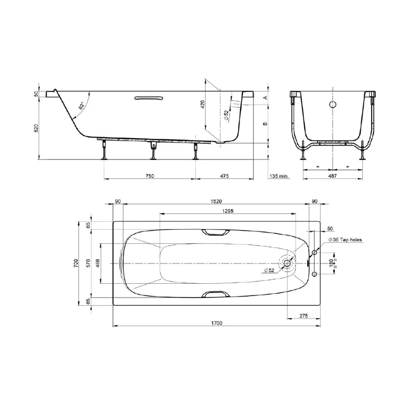 Roca Malaga Bath 1700x700mm Gripped No Taphole - Image 2