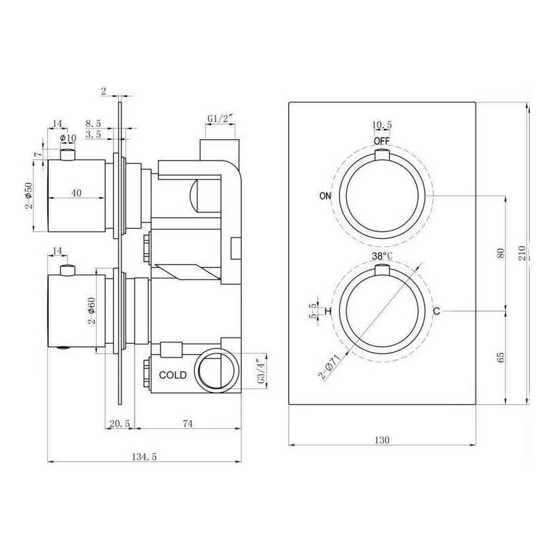Synergy Twin Round Concealed Chrome Thermostatic Valve - Image 2