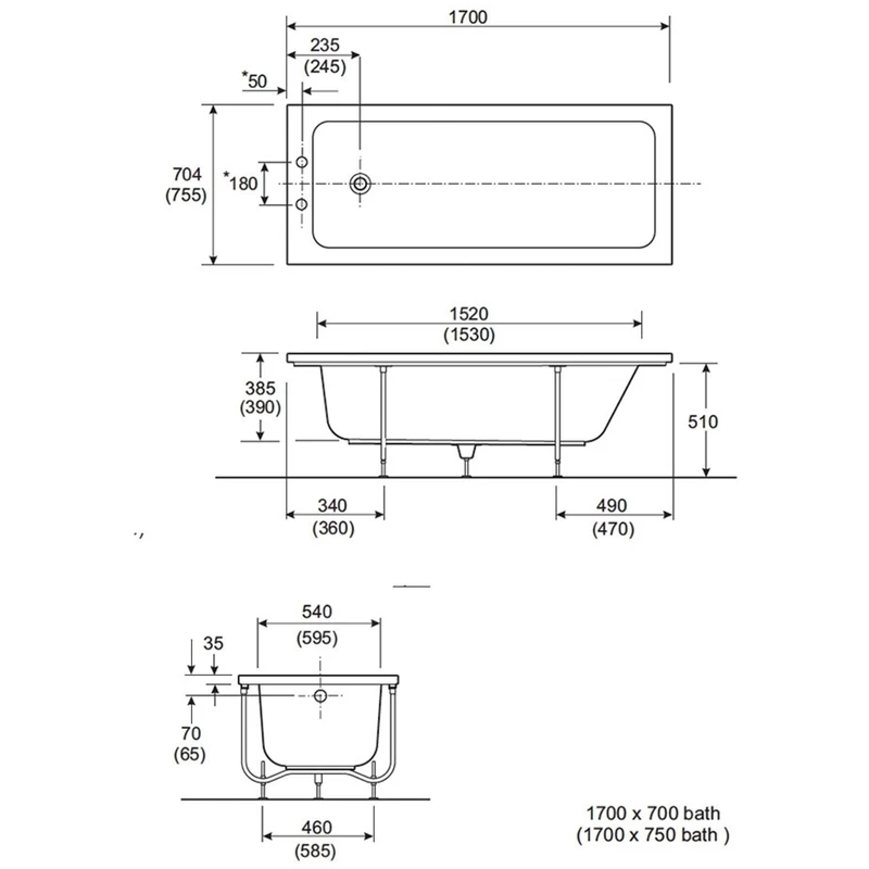 Twyford Aspect Bath 1700x750mm No Tap Holes - Image 2