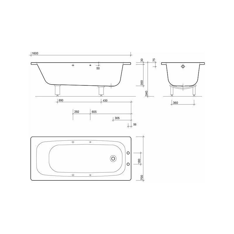 Twyford Celtic Bath 1600×700 2 Tap Slip Resist With Grips & Legs - Image 2