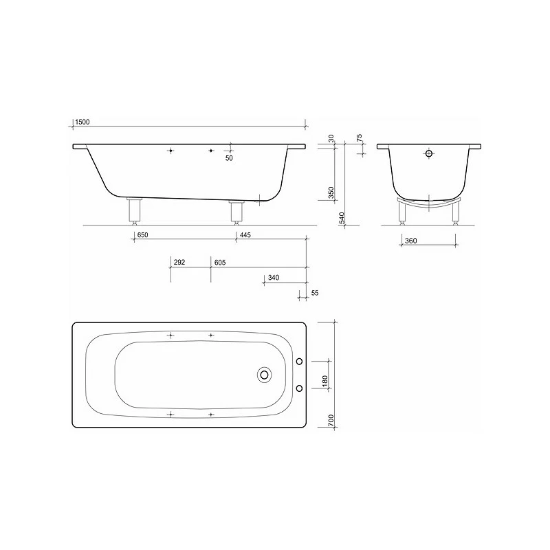 Twyford Celtic Bath 1500×700 2 Tap Plain No Grips & Legs - Image 2