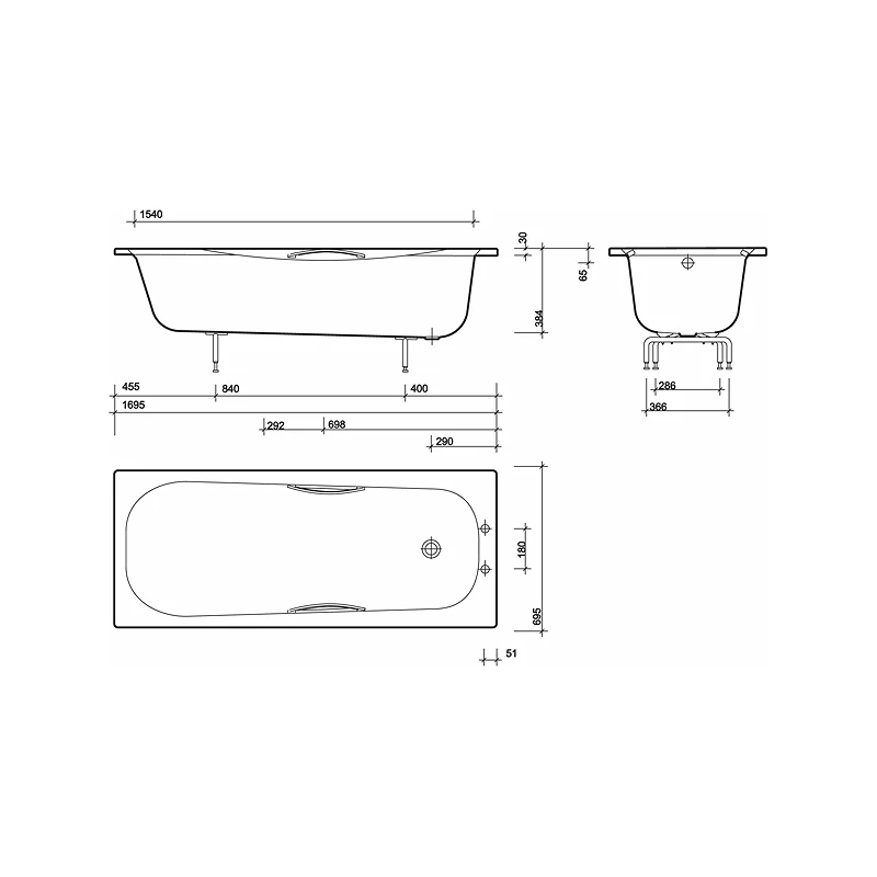 Twyford Neptune Bath 1700×700 2 Tap Plain No Grips - Image 2