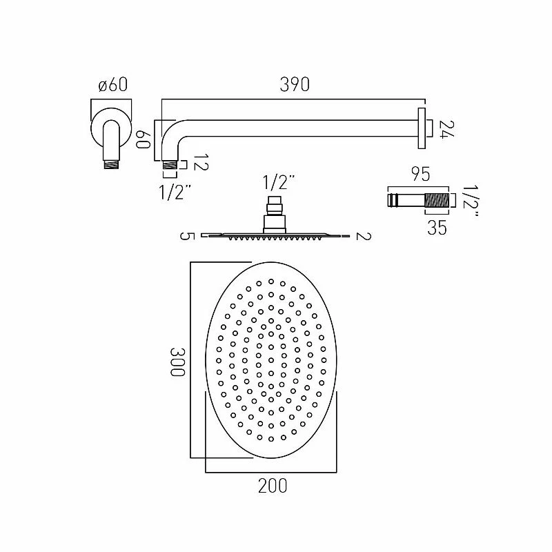 Vado Aquablade Oval Slimline Head & Arm 200x300mm - Image 2